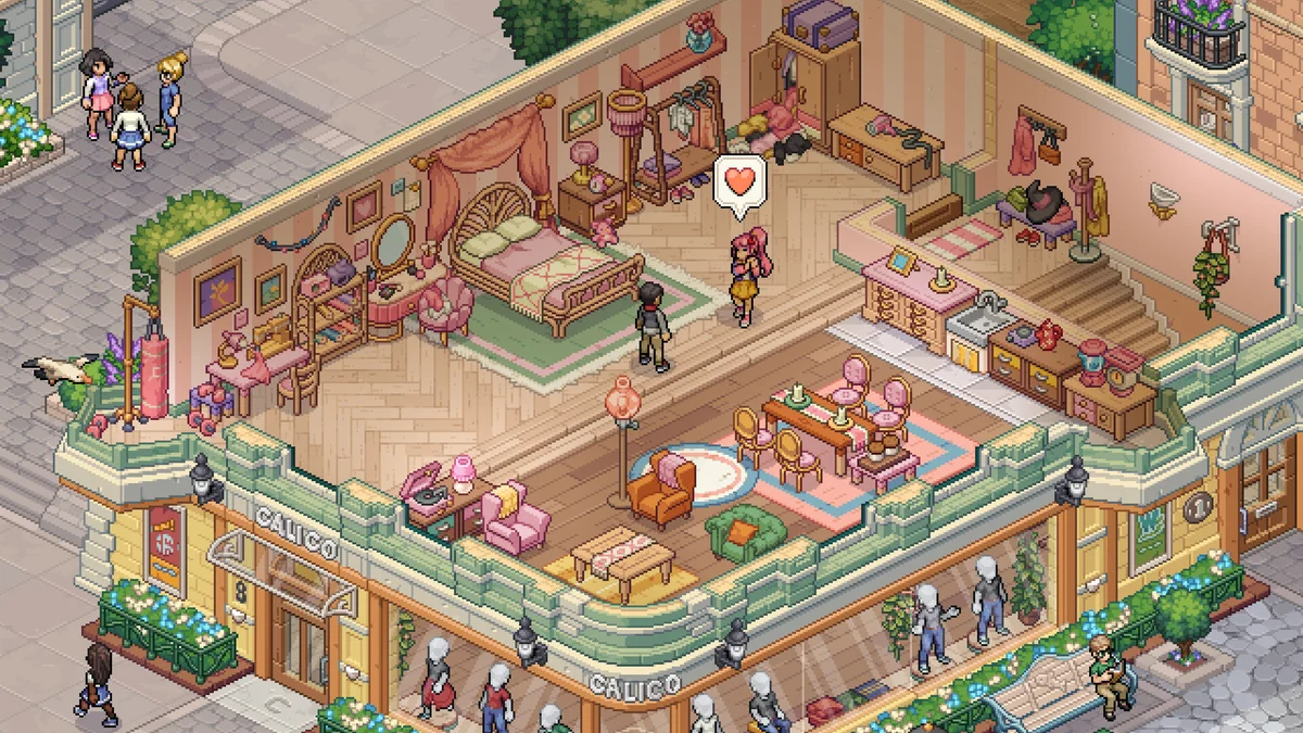 Witchbrook gameplay dans la ville côtière de Mossport et Witchbrook College en pixel art