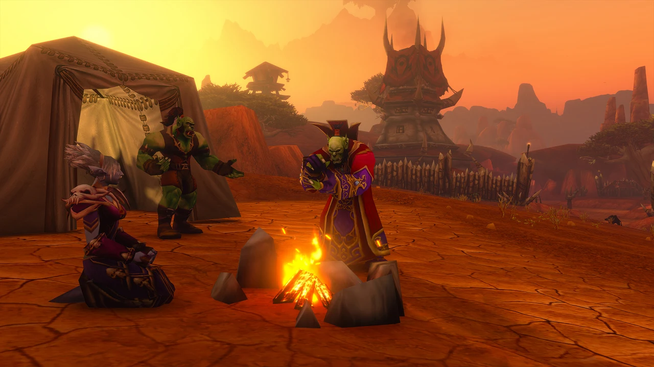 Personnages autour d'un feu de camp utilisant le système de campement pendant le leveling dans World of Warcraft: Forever