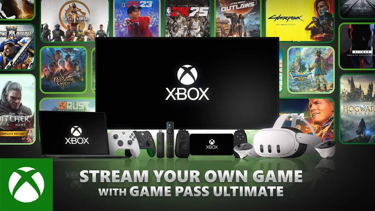 Visuel officiel Xbox Cloud Gaming illustrant le streaming de jeux sur téléviseur, PC portable et smartphone