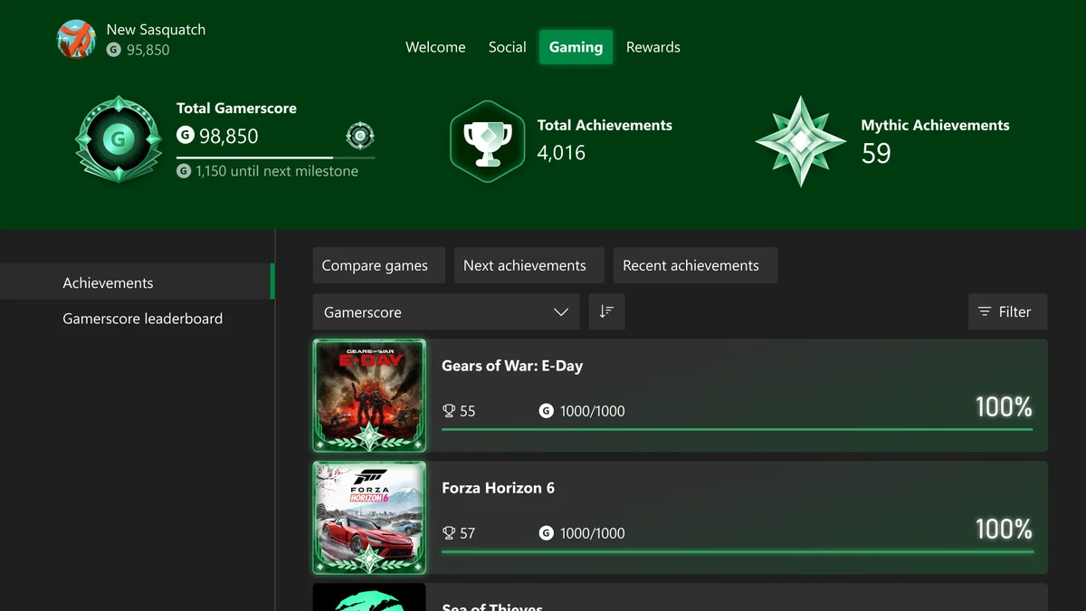 Interface du nouvel onglet Gaming sur Xbox Series X|S affichant 59 Succès Mythiques et les cadres héroïques sur Gears of War: E-Day et Forza Horizon 6