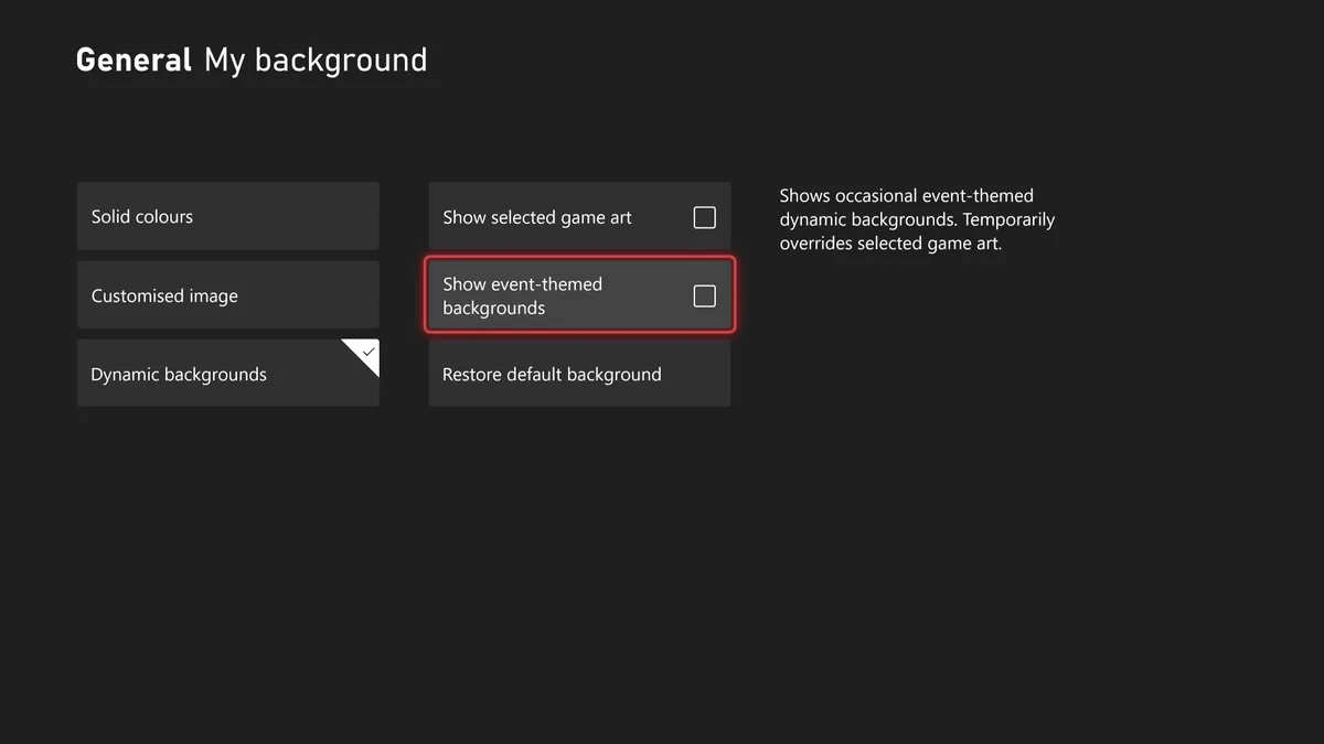 Menu Mon arrière-plan sur Xbox Series X|S avec l'option Afficher les arrière-plans sur le thème d'un événement