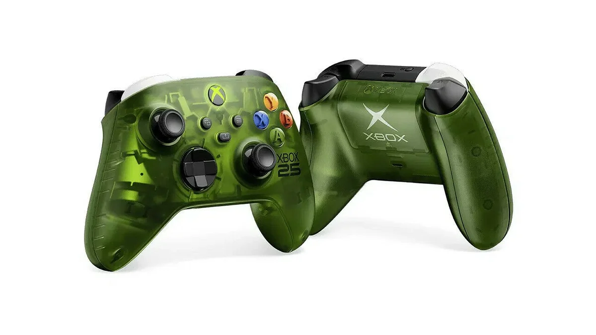 Manette sans fil Xbox Édition spéciale X25 vue avant et arrière transparente avec logo Xbox 2001 et boutons LB RB noir et blanc