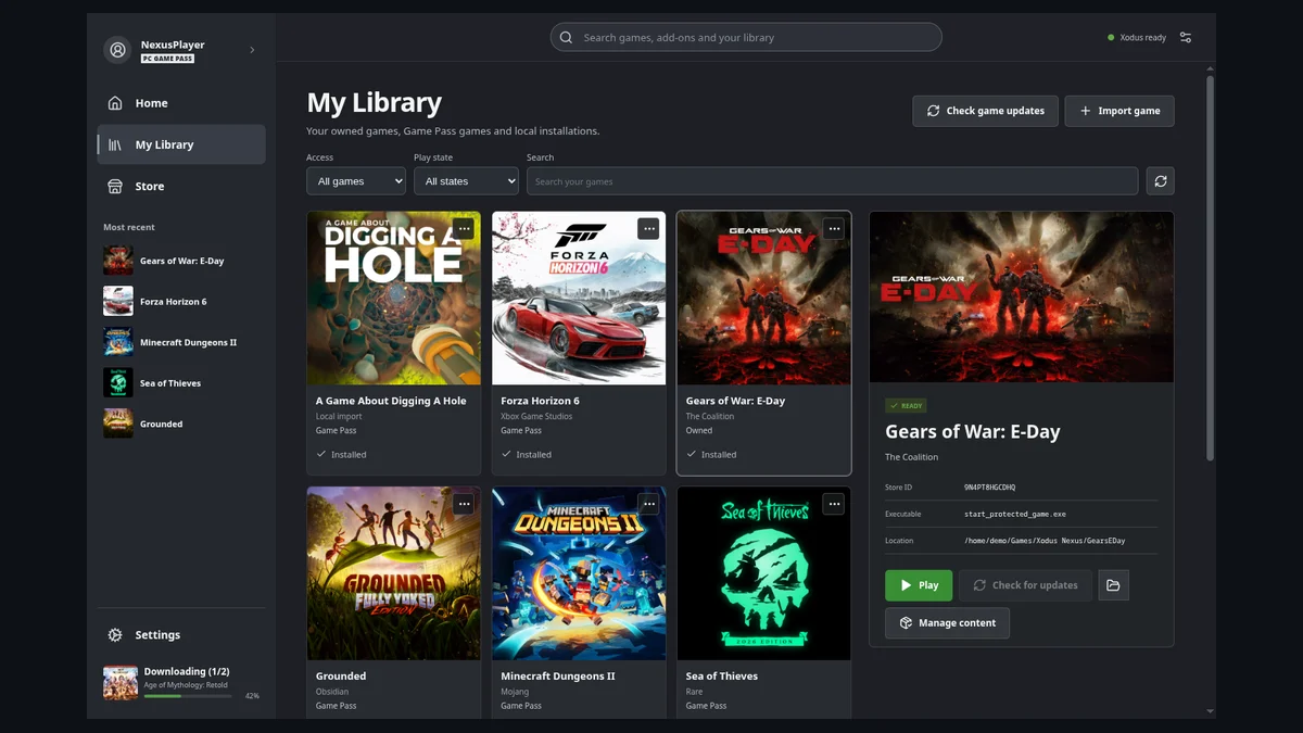 Interface de la bibliothèque Xodus Nexus affichant les jeux PC Game Pass installés sous Linux et SteamOS