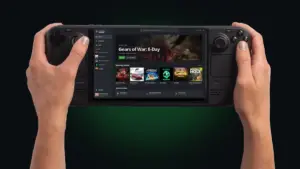 Console portable Valve Steam Deck OLED affichant le launcher open-source Xodus Nexus pour jouer au PC Game Pass en local sous SteamOS