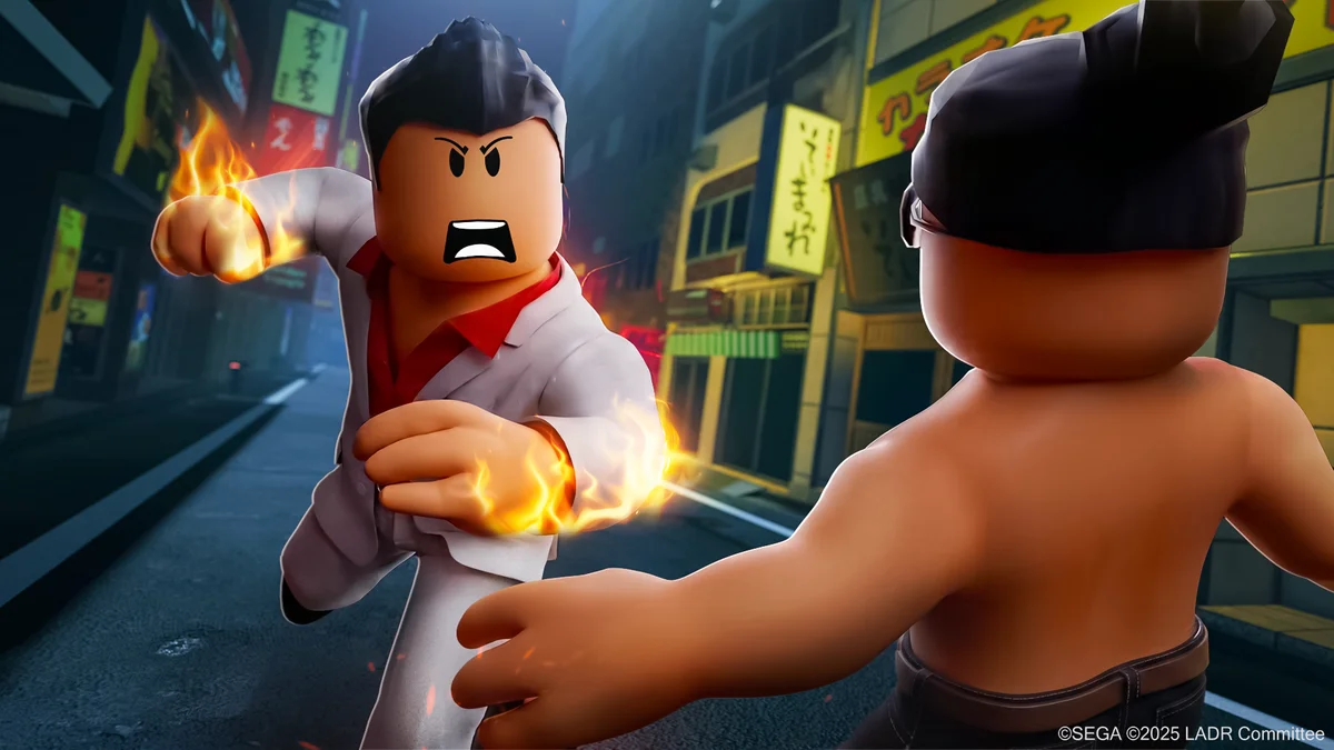 Kazuma Kiryu en plein combat de rue avec une Heat Action dans Yakuza Blocks: Like a Dragon sur Roblox