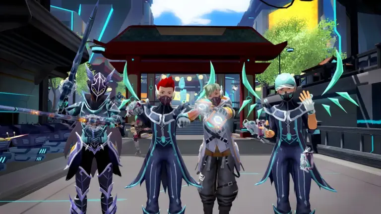 Un groupe de quatre joueurs en armure cyber-fantasy dans la cité de Zenith: The Last City et Zenith: Nexus en réalité virtuelle
