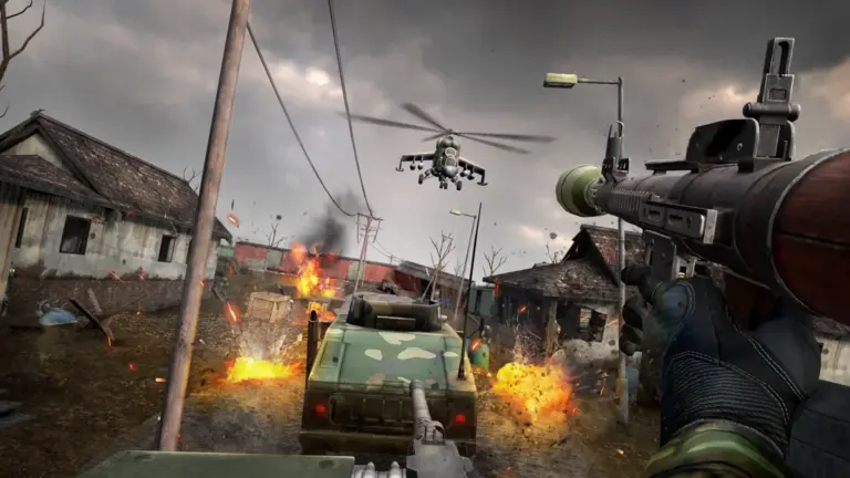 Zero Caliber 2 Remastered gameplay sur PlayStation VR2 avec lance-roquettes face \u00e0 un h\u00e9licopt\u00e8re